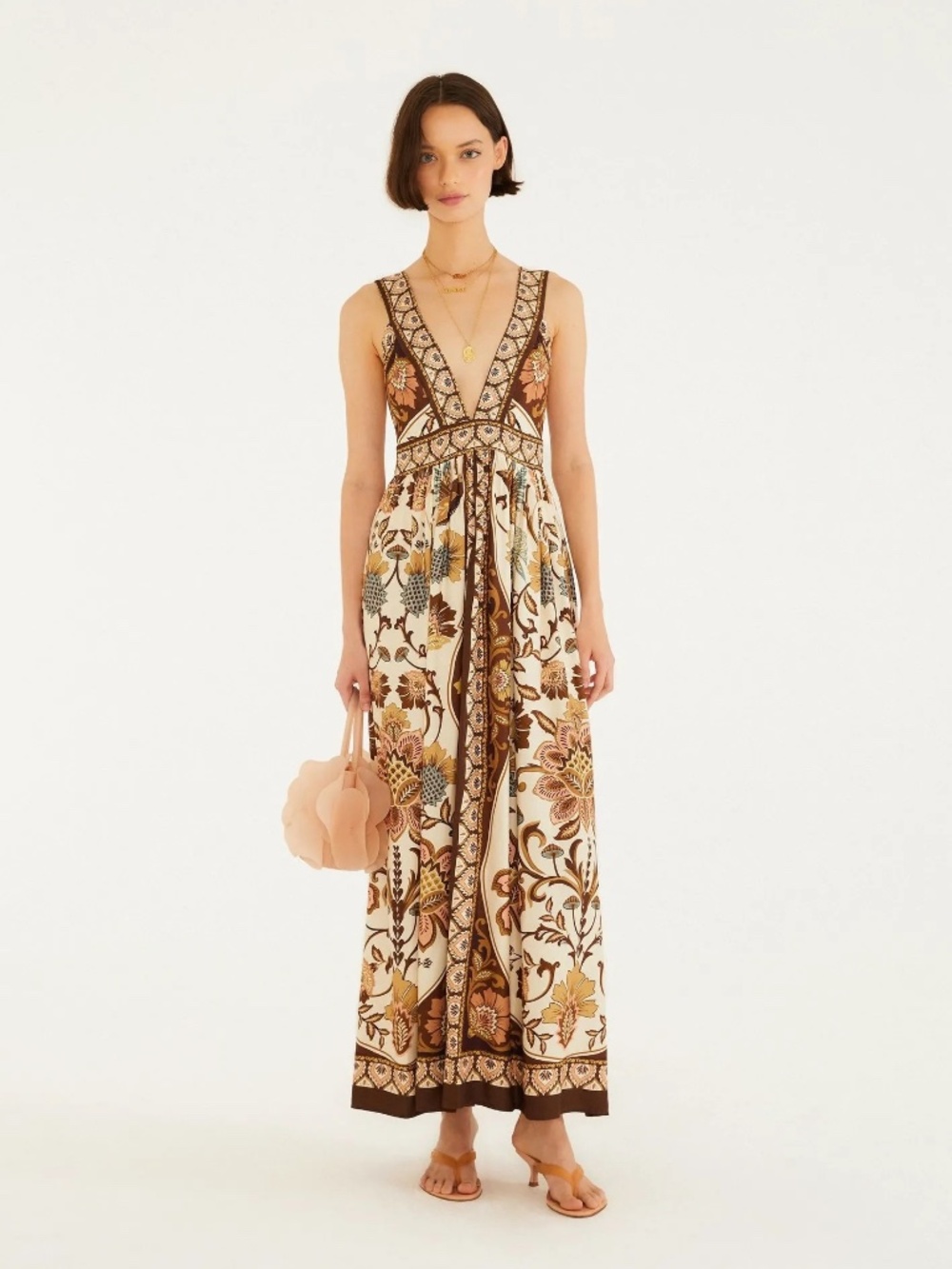 FARM Rio Bird Romance Print Cropped Dress Deep V Terracotta Wide Strap Sz [S]NWT